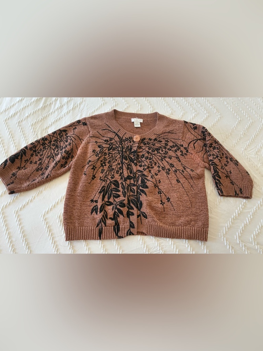 Vintage Tweed  Floral Print Button-Front Women’s Sweater - Brown 1X - Picture 3 of 6